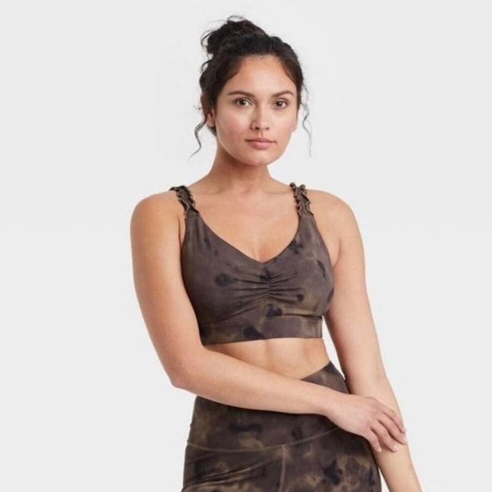 Joy Lab‎ Spray Dye Sports Bra Size M Brown Black Ruffle Trim Straps Fairy Grunge